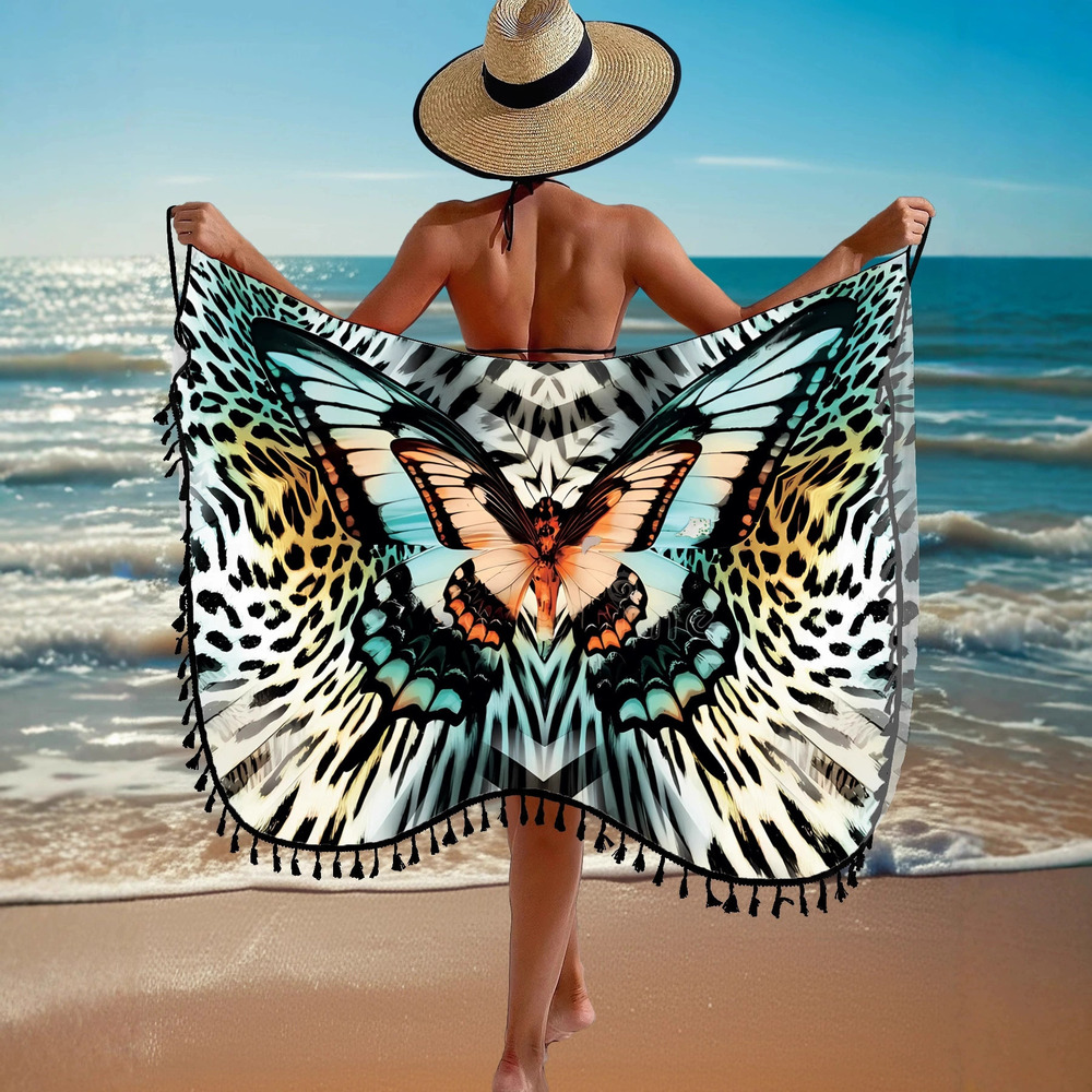ZARA Sexy Backless One Piece Sheer Butterfly Print Tassel Beach Cover Up Dress